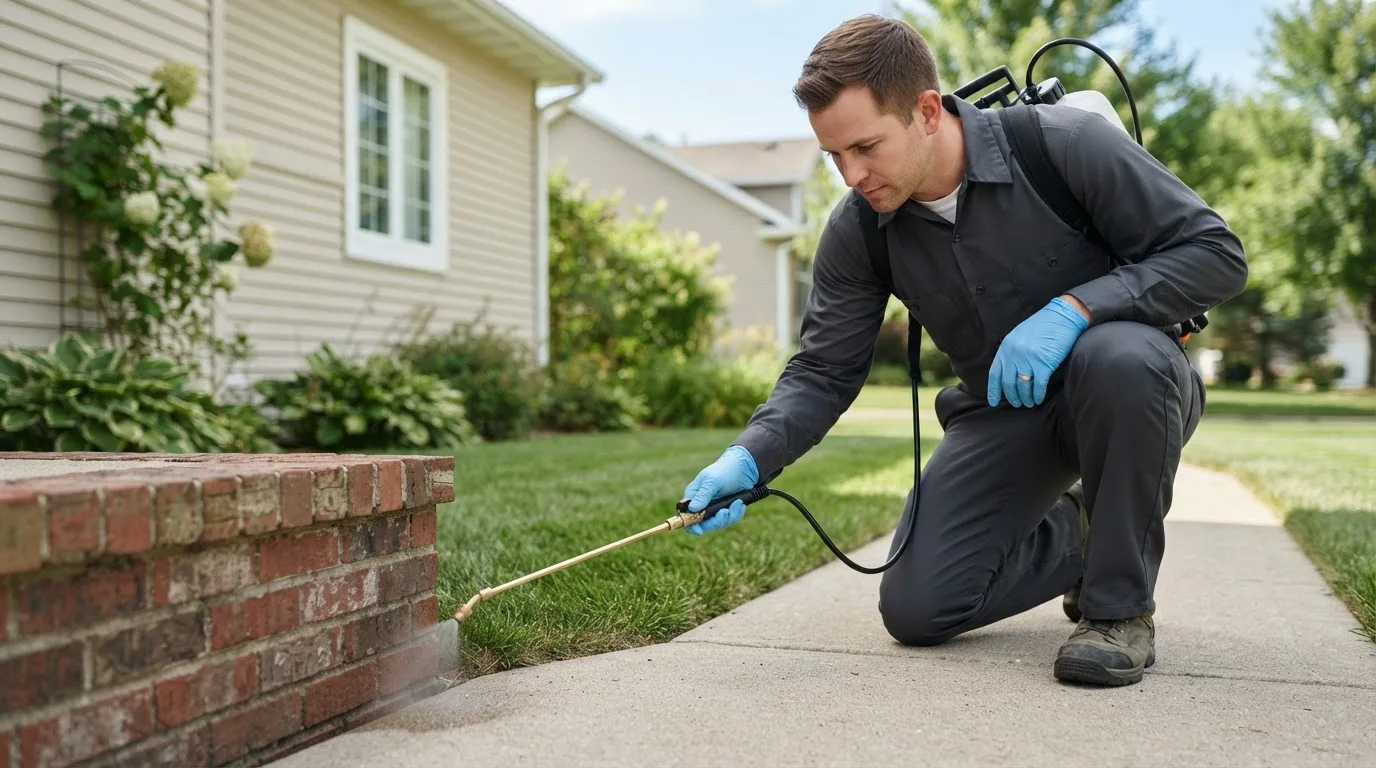 Pest control technician treating a home near Delano, MN